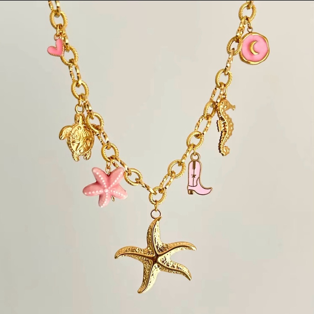 Gold Plated 18K Charm Necklace with Pink Accents - Starfish & Sea Charms